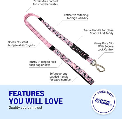 Dog Friendly Co. Bungee Dog Leash | Strain Free & Shock Resistant for Control | Neoprene Padded Handle, Heavy-Duty Carabiner Clip, and D-Ring | Pink Camo, Size Regular