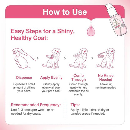 Pet Coat Care Oil, Cherry Blossom & Squalane Extract | Luster Enhancing Elixir, Radiant Shine & Protective Coating; Professional Silk Gloss Finish for Dull Coats, Non-Greasy, Dogs Cats, 1.69 fl. oz