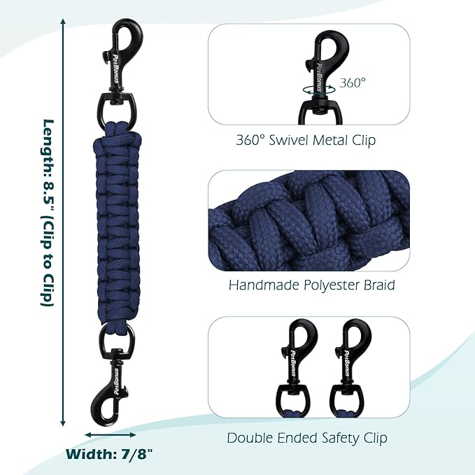 PetBonus Dog Collar Safety Clip, Handmade Backup Safety Strap for Dog Harness, Prong, Pinch Collar, Double Ended Clasp Leash Connector (Navy Blue)