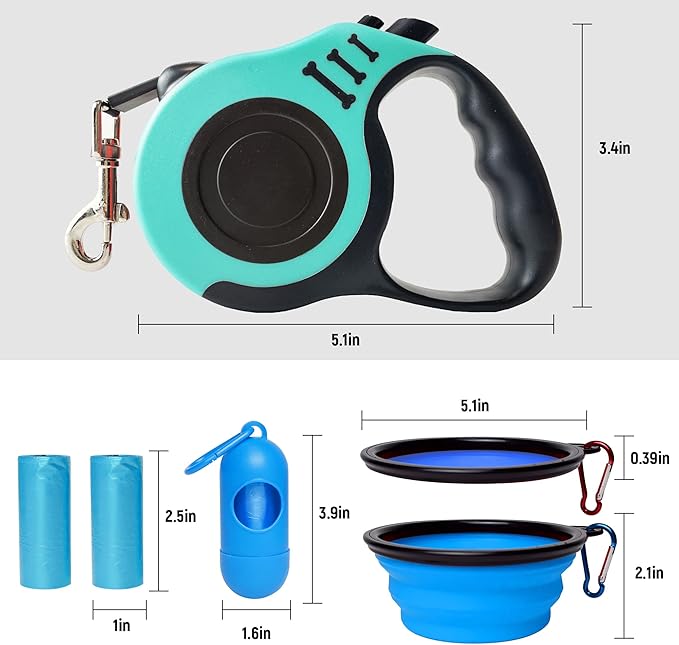 Retractable Dog Leash Automatic Telescopic Tractor Dog Tape, Pet Tape 10/16 FT Durable and Convenient, with Folding Bowl, Dispenser, Rubbish Bags, Suitable for Small and Medium Dogs