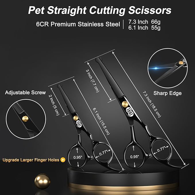 CIICII Dog Grooming Scissors Kit, 7 Inch Professional Pet Grooming Scissors Set with Safety Round Tip (Dogs/Cat Hair Cutting Trimming Thinning Shears with Curved Scissors) for DIY Home Salon (Black)