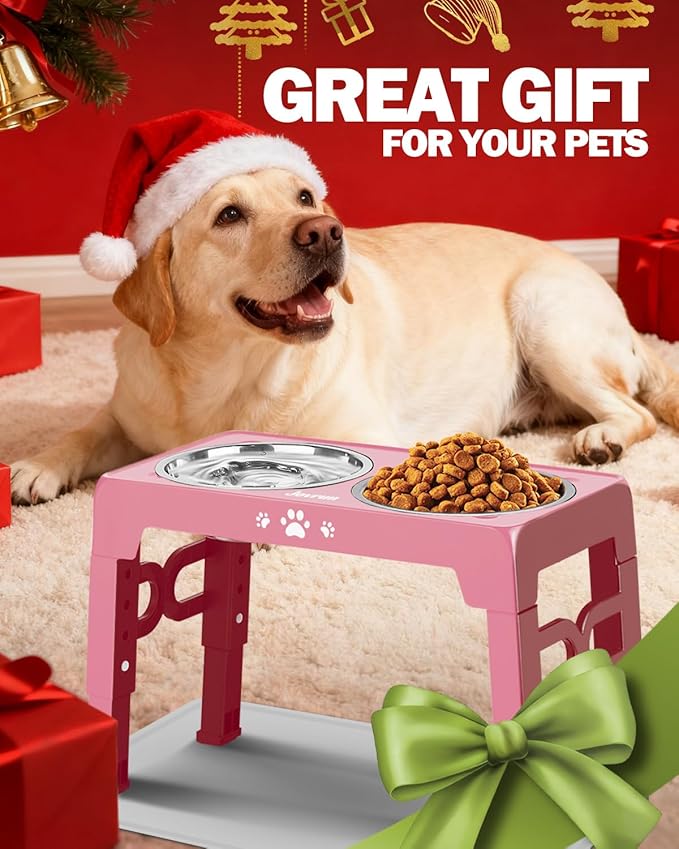 Jovrun Elevated Dog Bowls for Medium Size Dogs with Mat, Non-Slip Dog Feeder with 1*Stainless Steel Dishes & 1*Slow Feeder Bowl, 5 Heights Adjustable Raised Bowls for 3.15″-8.66″-9.84″-11.02″-12.2″