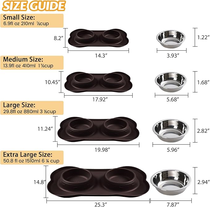 Hubulk Pet Dog Bowls 2 Stainless Steel Dog Bowl with No Spill Non-Skid Silicone Mat + Pet Food Scoop Water and Food Feeder Bowls for Feeding Small Medium Large Dogs Cats Puppies (Small, Chocolate)