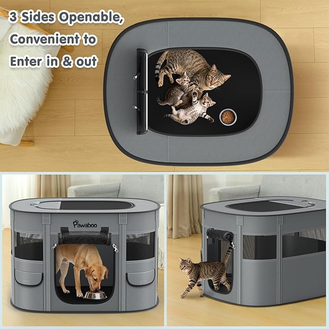 Dog Playpen, Portable Pet Cat PlayPen, 600D Oxford Dog Kennel Tent Crate, Waterproof&Breathable, Indoor Outdoor Travel Camping for Medium/Large Breed with Carrying Case+Bowl(L), Charcoal Gray