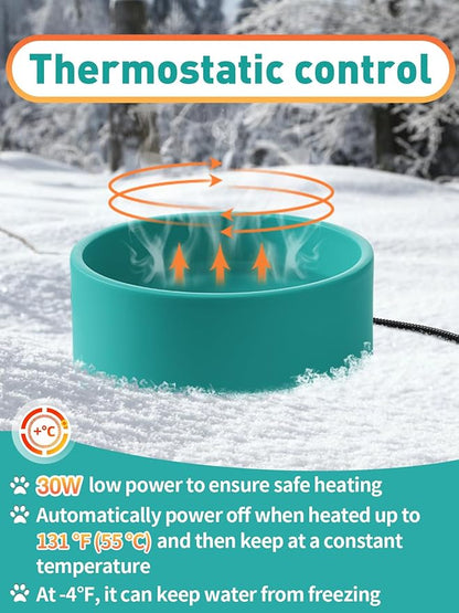3.2L Heated Water Bowl for Outdoor Dogs Cats - 30W Thermostatic Control Heating Pet Bowl with 6.6Ft Bite-Proof Cord for Winter Chickens