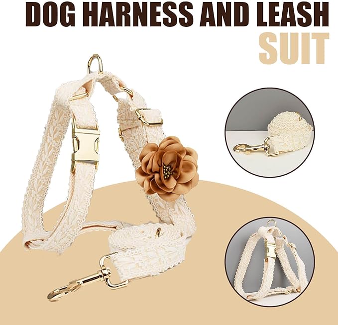 White Dog Harness and Leash Set Adjustable Lace Harness for Girl Dogs Luxury Dog Harness No Pull with Handle & Bow Flowers for Easy Dog Walking,S