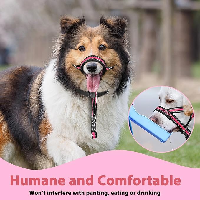 BARKLESS Soft Dog Head Collar, Patented Padded No Pull Head Halter, Training Nose Leash with Safety Link for Medium Large Dogs, Adjustable Muzzle Leash, Easy Control for Walking(Pink, L)