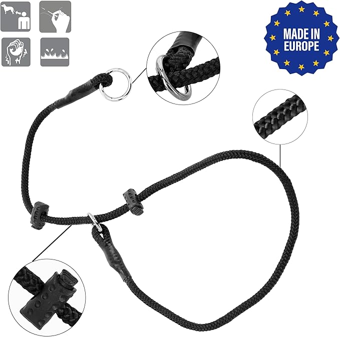 Dingo Gear Dog Choke Collar Hand Sewn Strong Polypropylene Braided Cord Two Limiters Waterproof Choker for K9 Training IGP Agitation Bite Work Obedience XS - Black (S04046)