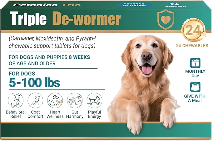 Triple Dewormer for Dogs, Pyrantel Pamoate etc for The Treatment and Control of Roundworms, Hookworms, 114 mg/tab for Dogs 5-100lbs, 24 Tablets Supply