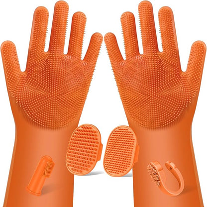 Augwind 6PCS Pet Grooming Kit for Dogs,Cats and Horses | Dog Washing/Bath Gloves | Dog Bath Brush | Shampoo Brush | Pet Grooming Gloves | Dog Bath Supplies (Orange)