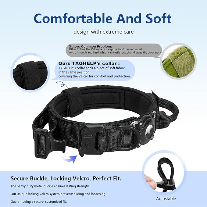 Tactical Airtag Dog Collar Waterproof - Adjustable Nylon Training Collar with Secure Airtag Holder, Control Handle & Quick-Release Buckle for Medium Large Dogs (Blue, L)