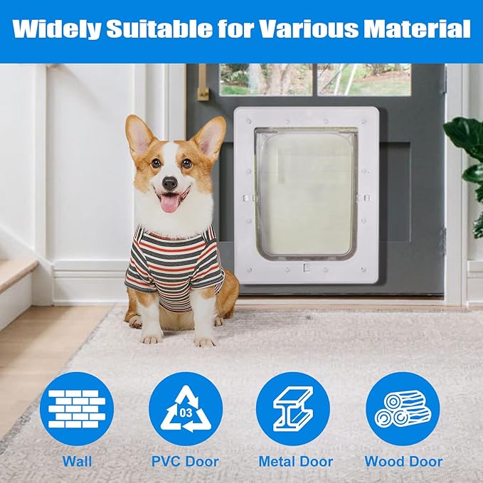 Pet Door, Durable Plastic Dog Door, 8.5”x 11.5” Inner Frame for Medium Dog and Pets, Easy DIY Installation, Suitable for Interior and Exterior Doors, Screen and Wall, White Doggie Door