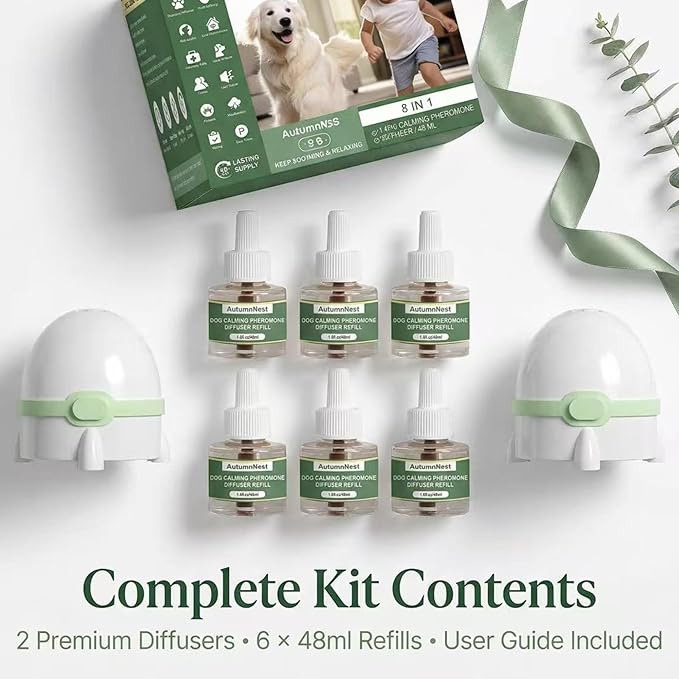 8-in-1 Dog Calming Pheromone Diffuser Kit – Pet Stress Support (2 Plug-Ins & 6x48ml Refills), Calming Diffuser for Dog During Thunderstorms, Travel, Separation, Fireworks & Vet Visits, 180-Day Supply