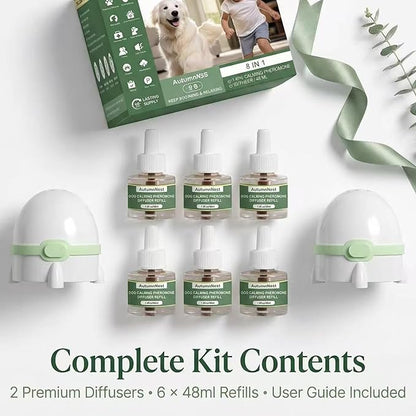 8-in-1 Dog Calming Pheromone Diffuser Kit – Pet Stress Support (2 Plug-Ins & 6x48ml Refills), Calming Diffuser for Dog During Thunderstorms, Travel, Separation, Fireworks & Vet Visits, 180-Day Supply