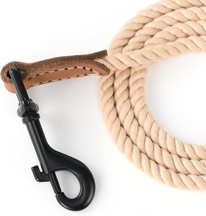 Mile High Life Dog Leash, Braided Cotton Rope Leashes with Leather Tip - Heavy Duty Metal Clasp, 4FT, 1/3" Thick - Wedding, Walking Leash for Small Medium Dogs(Light Brown)