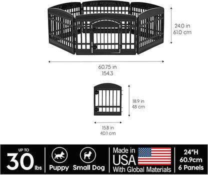 IRIS USA Dog Playpen with Door, 24” 6 Panel Pet Exercise Pen – Indoor Outdoor Puppy Play Pen, Portable Plastic Pet Fence for Small Medium Dogs, Foldable 61” x 61” x 24”, Black