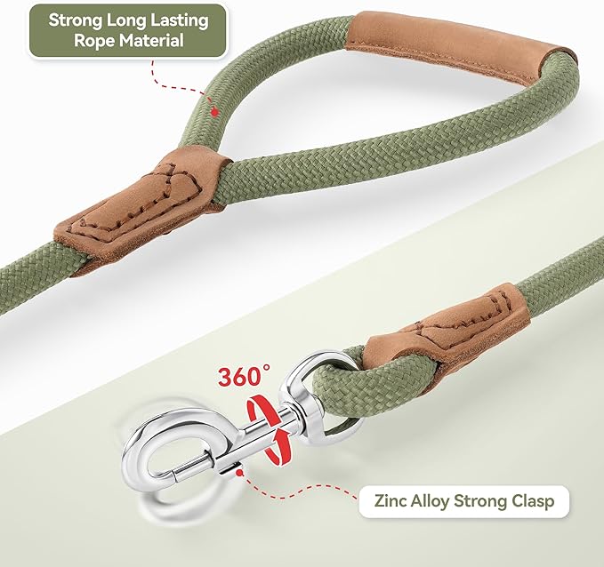 Mile High Life Leather Dog Leash, Heavy Duty Strong Genuine Leather Handle Rope Leash Soft and Comfortable for Small Medium Large Dogs (Olive Green, 60 Inch)