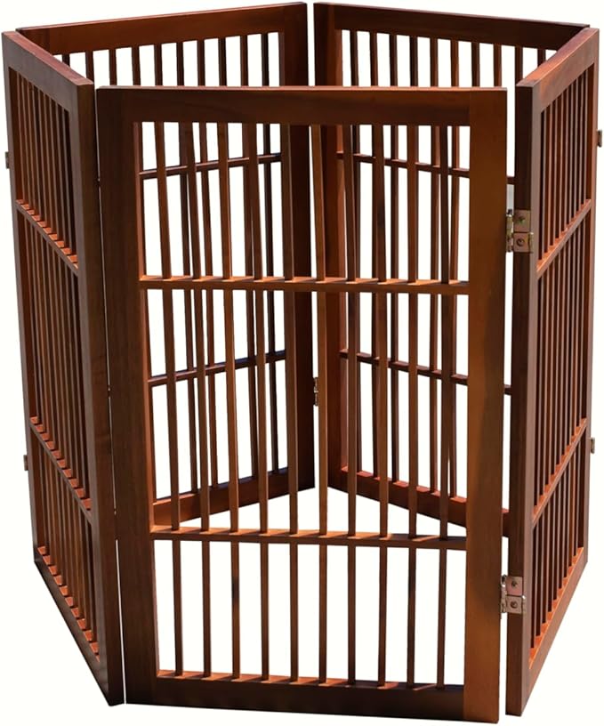 Urnporium Pet Dog Gate Freestanding, Strong Durable Folding Wooden Fence, Portable Acacia Hardwood Safety Barrier for Indoor & Outdoor Use (Brown Pet Gate, 5 Panel 30" Tall)