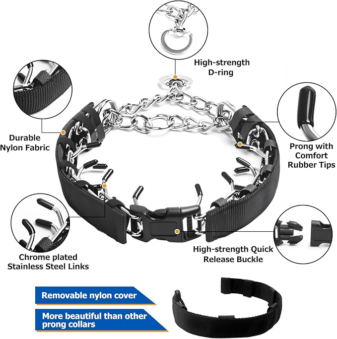Prong Collar for Medium Dogs with Nylon Cover, Dog Pinch Collar,Dog Training Collar,High Strength Quick Release Buckle,Comfort Rubber Tips (Black，3.0mm, 20-Inch)