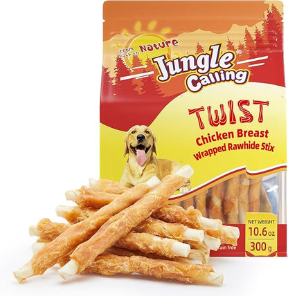 Jungle Calling Dog Treats, Chicken Wrapped Rawhide Sticks for Dogs, Grain-Free Natural Small Dogs Training Treats, Pet Chew Snacks,10.6 oz