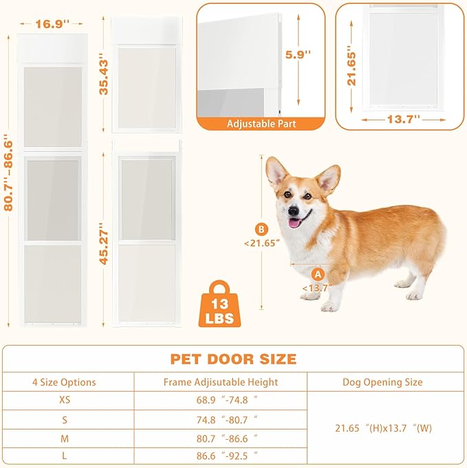 Dog Door for Sliding Glass Doors, 80.7"–86.5“ Height Adjustable, Two-Piece Design Pet Door with Lock, Easy Insert-Install, No-Drill Needed, Ideal for Apartments, Rentals, Balconies & Patios