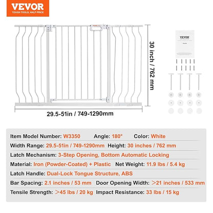 VEVOR 29.5-53" Extra Wide Safety Gate for Stairs, Auto Close Dog Gate for The House, Easy Install Pressure Mounted Pet Gates for Doorways, Easy Walk Thru Wide Safety Gate for Dog, White