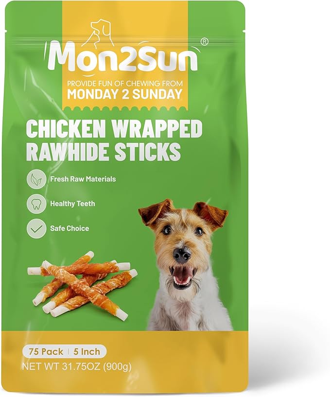 MON2SUN 5 Inch Chicken Wrapped Rawhide Sticks, 75 Count Long Lasting Chew Treats for Puppy & Small Dogs, High Protein, No Artificial Colors, 31.75 oz