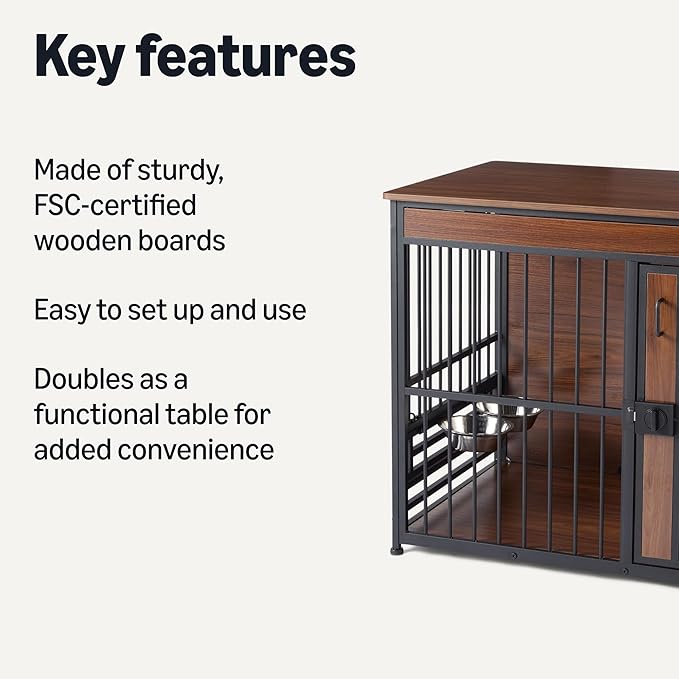 Amazon Basics Furniture Style Dog Crate, Two Bowls Included, 41" x 23.6" x 29.5", Walnut