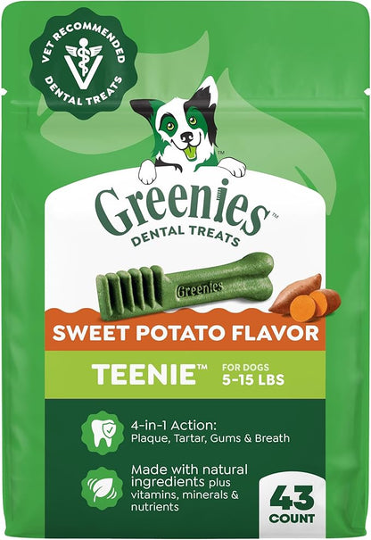 Greenies Dog Treats Veterinarian-Recommended Natural Dental Treats for Dogs, Teenie Size, Sweet Potato Flavor, 12 oz. Pack, 43 Count