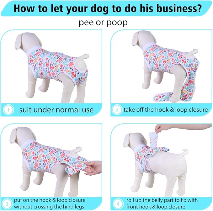 PetWarm Post Neuter Surgery Suit for Dogs Male, E Collar Alternative for Dogs After Surgery, Anti-Licking Dog Surgery Recovery Suit Dog Bodysuit, Dinosaur Pattern, White, 2XL