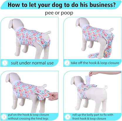 PetWarm Post Neuter Surgery Suit for Dogs Male, E Collar Alternative for Dogs After Surgery, Anti-Licking Dog Surgery Recovery Suit Dog Bodysuit, Dinosaur Pattern, White, 2XL