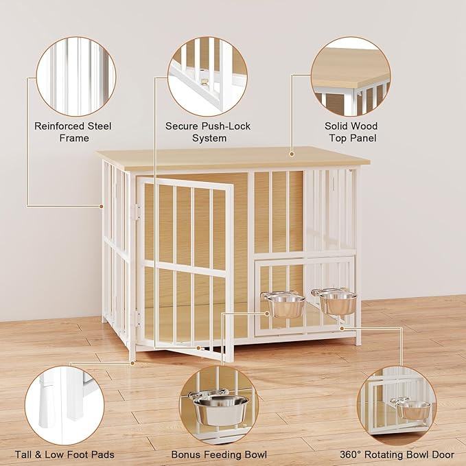 Hadulcet Foldable Dog Crate Furniture, No Assembly Indoor Dog Kennel with Storage Top, Wooden Dog Crate Table for Small to Medium Dogs (Up to 30 lbs), 27.55” Furniture Style Dog Cage with 2 Bowls Oak