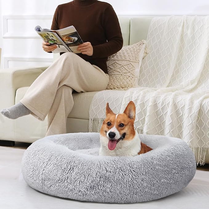 JOLLYVOGUE Dog Beds Large Sized Dog, 36 inches Calming Soft Anti-Anxiety Donut Dogs Bed, Washable Round Fluffy Cushion for Large Pets, Fits up to 80 lbs Pets
