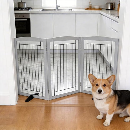 ZJSF Freestanding Dog Fence Indoor, Foldable Dog Gate for Doorways, Stairs or Hallways, Sturdy Wood Extra Wide Pet Gate with Support Feet for The House, Grey, 32 "Height-3 Panels