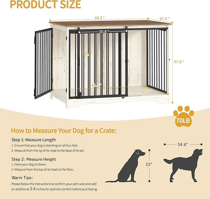 Hzuaneri 43.3" Dog Crate Furniture with Barn Door, Heavy Duty Dog Kennel Indoor with 2 Doors, Wooden Pet Cage End Table for Large Small Medium Dogs, Anti-Chew Anti-Escape, White Brown DFC92314B
