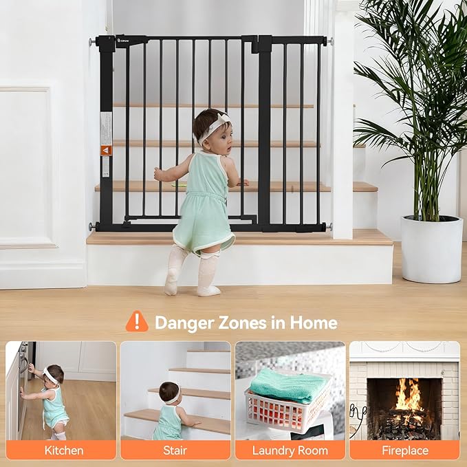 COMOMY 30" Tall Baby Gate for Stairs Doorways, Fits Openings 29.5" to 40.5" Wide, Auto Close Extra Wide Dog Gate for House, Pressure Mounted Easy Walk Through Pet Gate with Door, Black