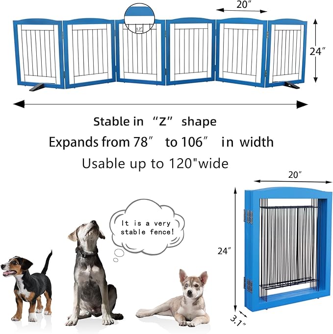 ZJSF Freestanding Dog Fence Indoor, Foldable Dog Gate for Doorways, Stairs or Hallways, Sturdy Wood Extra Wide Pet Gate with Support Feet for The House, Blue, 24 "Height-6 Panels