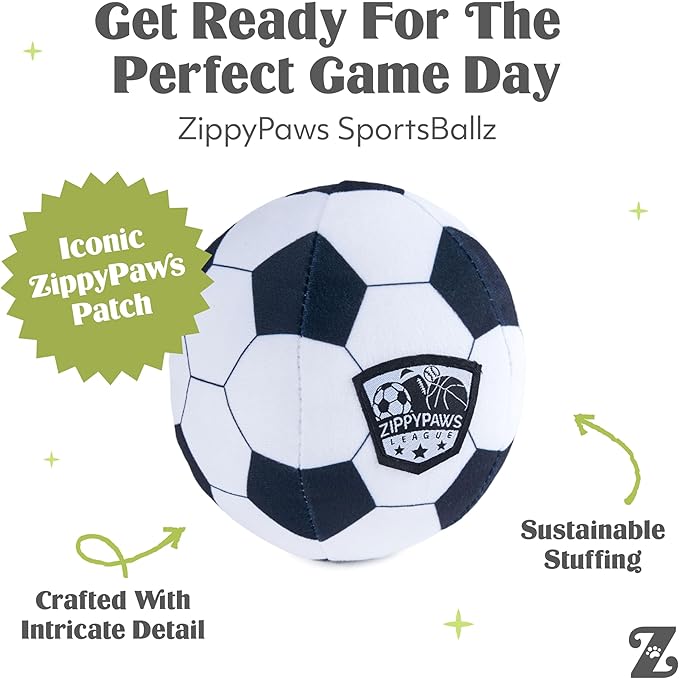 ZippyPaws SportsBallz - Dog Squeaky Toys to Keep Them Busy, Funny Plush for Small, Medium, & Large Dogs, Cute Stuffed Puppy Toy, Pet Products, Gift for All Breeds, Interactive Squeaker - Soccer Ball