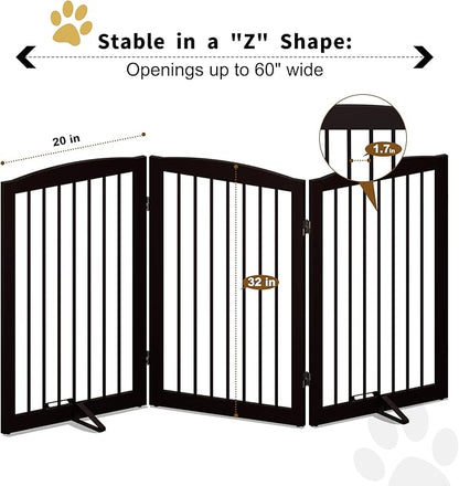 PUPETPO Freestanding Pet Gate for Dogs, Foldable Wooden Dog Gate for House Indoor, Tall Pet Fence for Stair, Doorway,Hall, Support Feet Included, 3 Panels 32",Brown