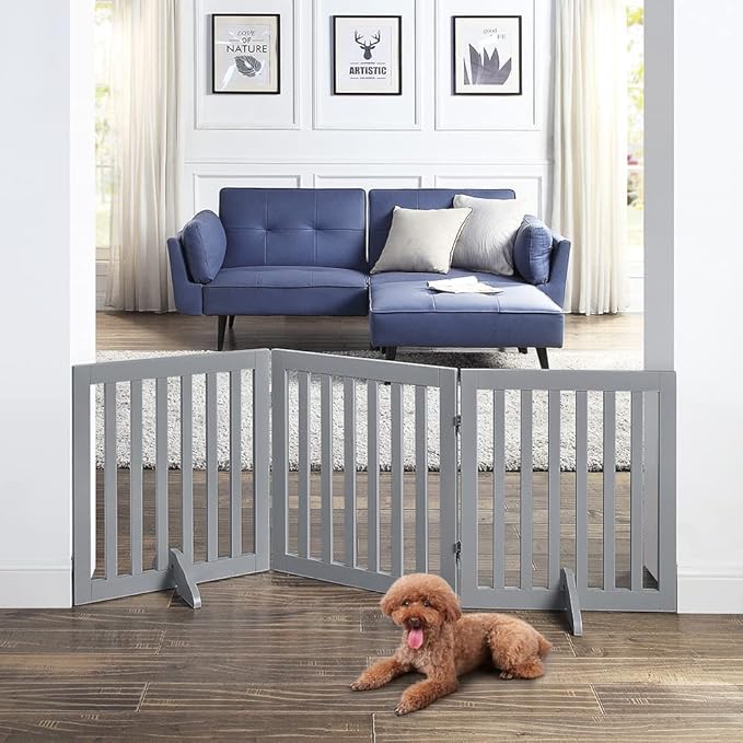 Unipaws Indoor 3 Panels Classic Freestanding Wooden Foldable Pet Gate with Support Feet - Grey, 20" W x 24" H