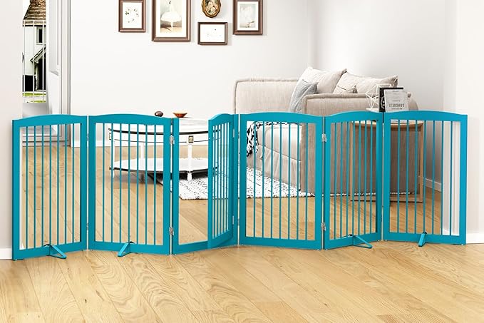 PUPETPO Freestanding Pet Gate with Door, Tall Dog Gate for House, Extra Wide, Pet Puppy Safety Fence, Support Feet Included, 120 Inch Wide, 6 Panels 32" Tall, Blue