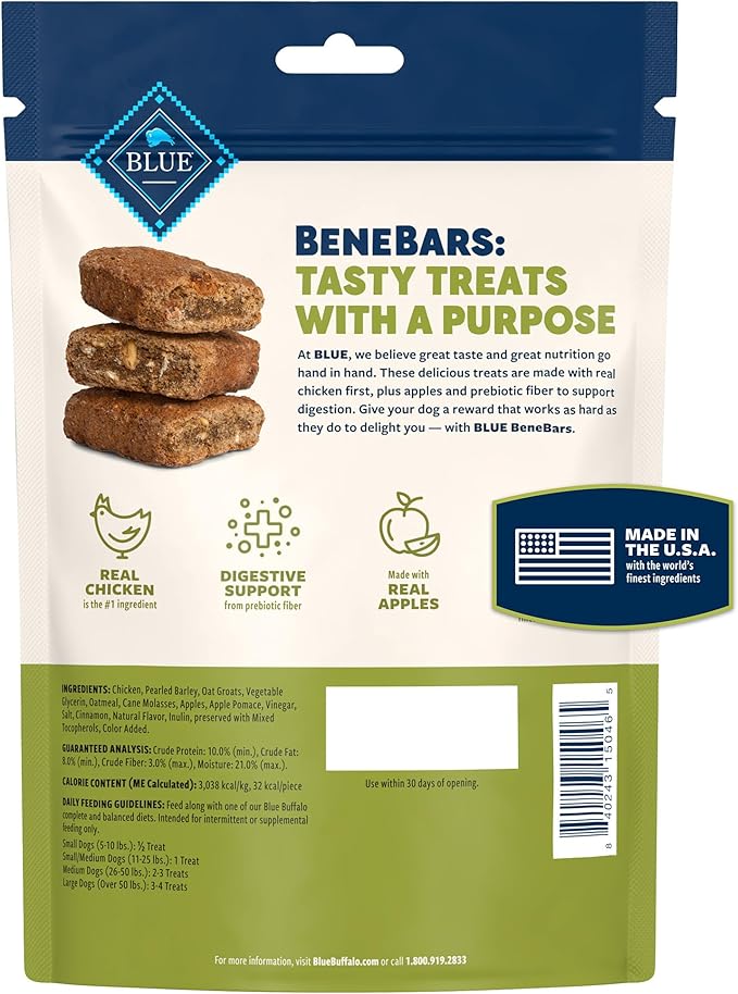 Blue Buffalo BeneBars Digestive Support Dog Treats with Prebiotic Fiber,Made with Natural Ingredients,USA Chicken & Apple,9-oz Bag,(Pack of 2)