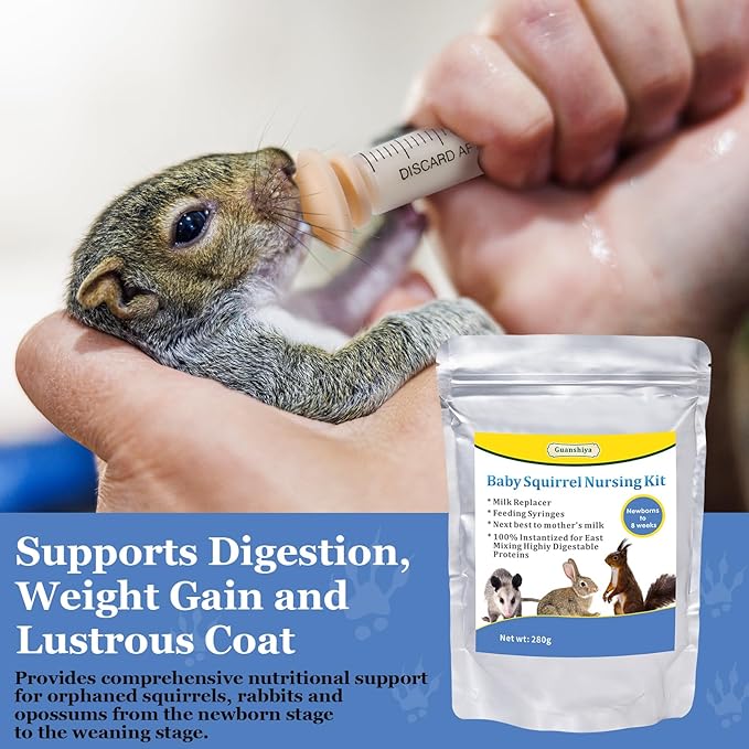 Baby Squirrel Feeding Kit,280 g Milk Replacer for Squirrel, Rabbit, Opossum, with Feeding Syringes,100% Instantized for Mixing Digestible Proteins