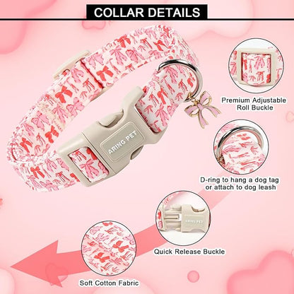 ARING PET Girl Dog Collar, Cute Spring Summer Pink Bow Puppy Pet Collars Necklace for Small Medium Large Female Dogs-XL
