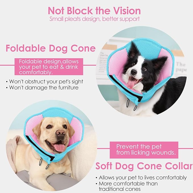 AOFITEE Dog Cone - Soft Dog Cone to Stop Licking, Comfy Cones for Dogs After Surgery, Adjustable Dogs Cones Collar Elizabethan Pet E-Collar for Medium Pets, Pet Recovery Collar, BluePink Medium