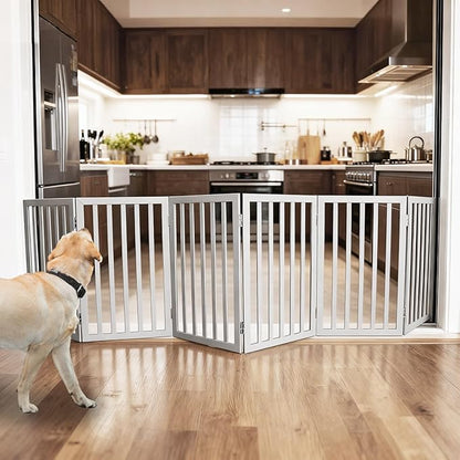 ZJSF Freestanding Indoor Dog Gate for House Foldable Wood Grey Puppy Gate for Doorways Pet Gate for Stairs Extra Wide Pet Fence 32" Height 6 Panels