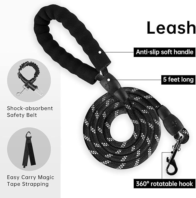 IVY&LANE No Pull Dog Harness for Small Dogs, Dog Vest Harness with Leash, Safety Belt and Storage Strap, Fully Adjustable Harness, 360° Reflective Strip, Soft Handle (Black, XS)