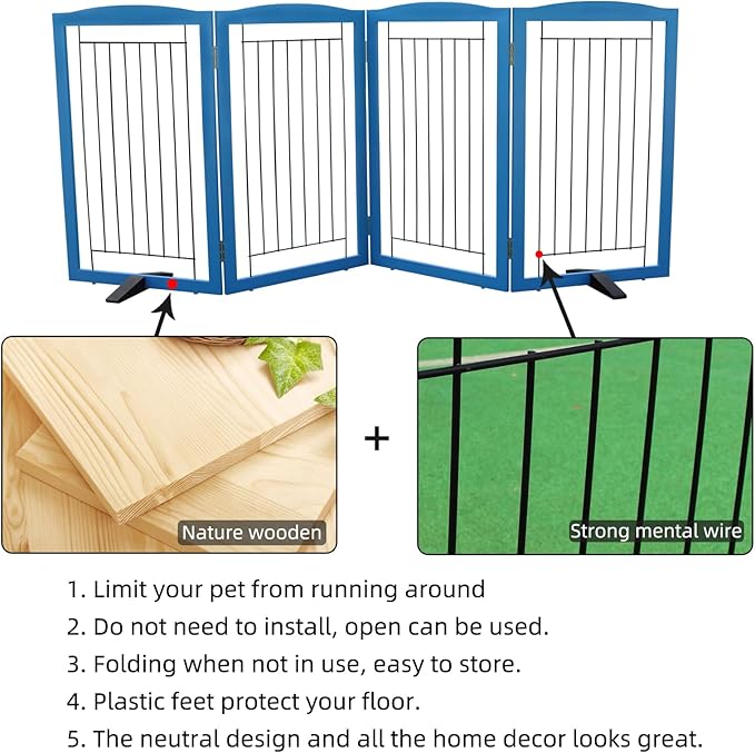 ZJSF Freestanding Dog Fence Indoor, Foldable Dog Gate for Doorways, Stairs or Hallways, Sturdy Wood Extra Wide Pet Gate with Support Feet for The House, Blue, 32 "Height-4 Panels