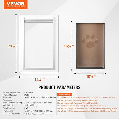 VEVOR 3-Flap Pet Door for Wall, Metal Frame with Lock, Energy-Efficient Insulated Pet Door, Easy to Install in Interior or Exterior Walls, Dog Door for Large Dogs (White-Large)