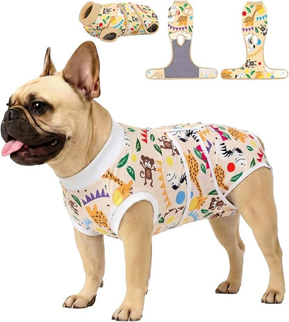 PetWarm Dog Neuter Recovery Suit Male, Substitute E-Collar Cone Prevent Licking Onesies for Dogs, Dog Surgery Recovery Suit, Female Male Onesie for Dogs Spay Neuter, Zoo Pattern, Yellow, XS